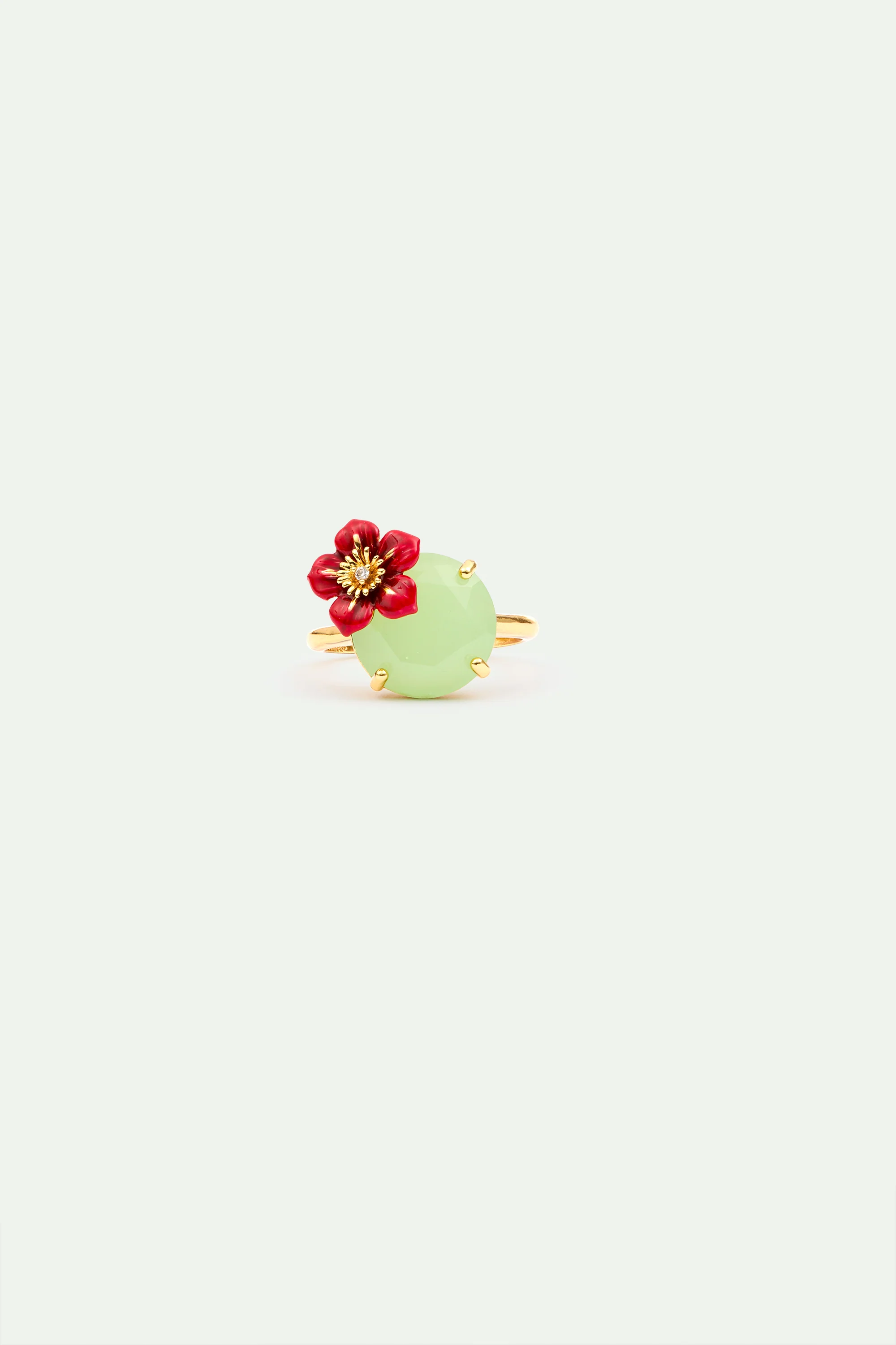 Bague ajustable pierre ronde verte et fleur de prunier - Image 2