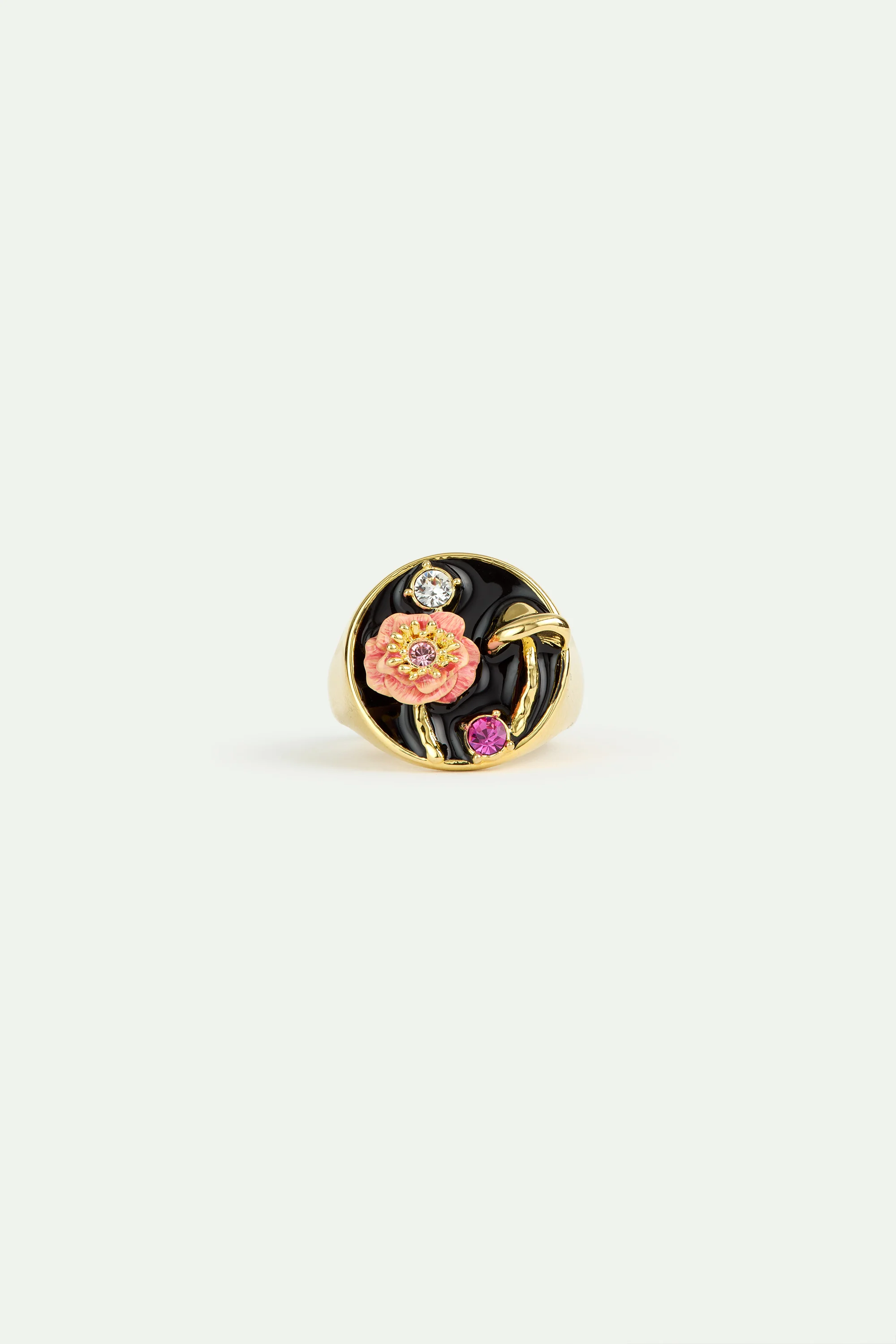 Bague chevalière noire champignon, anémone et cristaux - Image 3