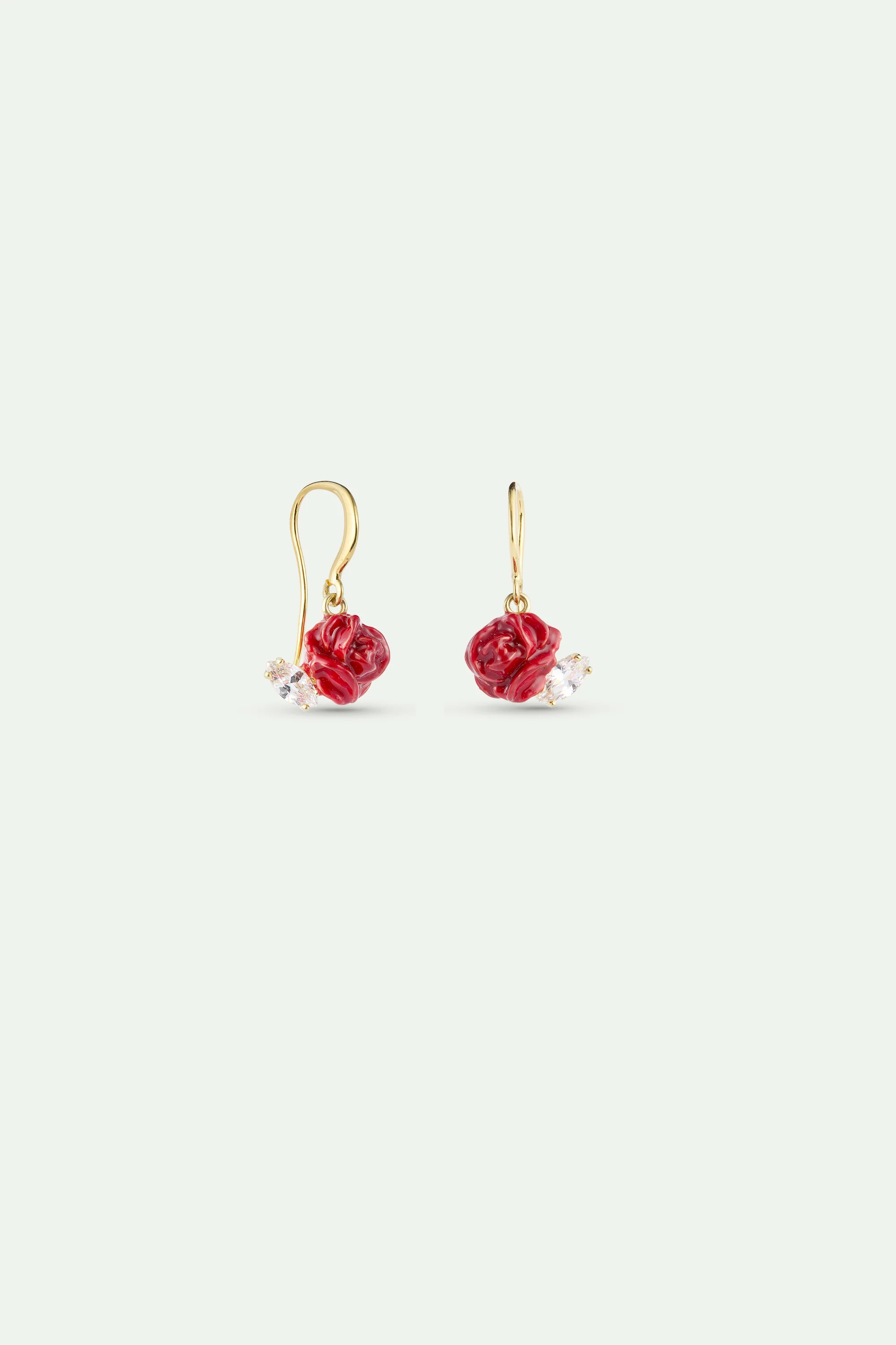 Boucles d’oreilles crochets bouton de rose rouge et cristal taillé - Image 2
