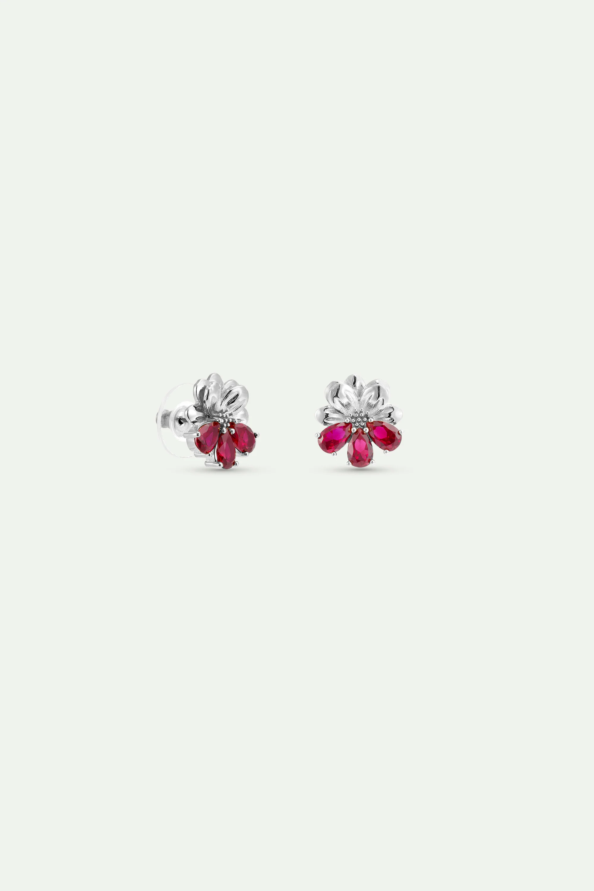 Boucles d'oreilles argentées cosmos et pierres rouges - Image 2