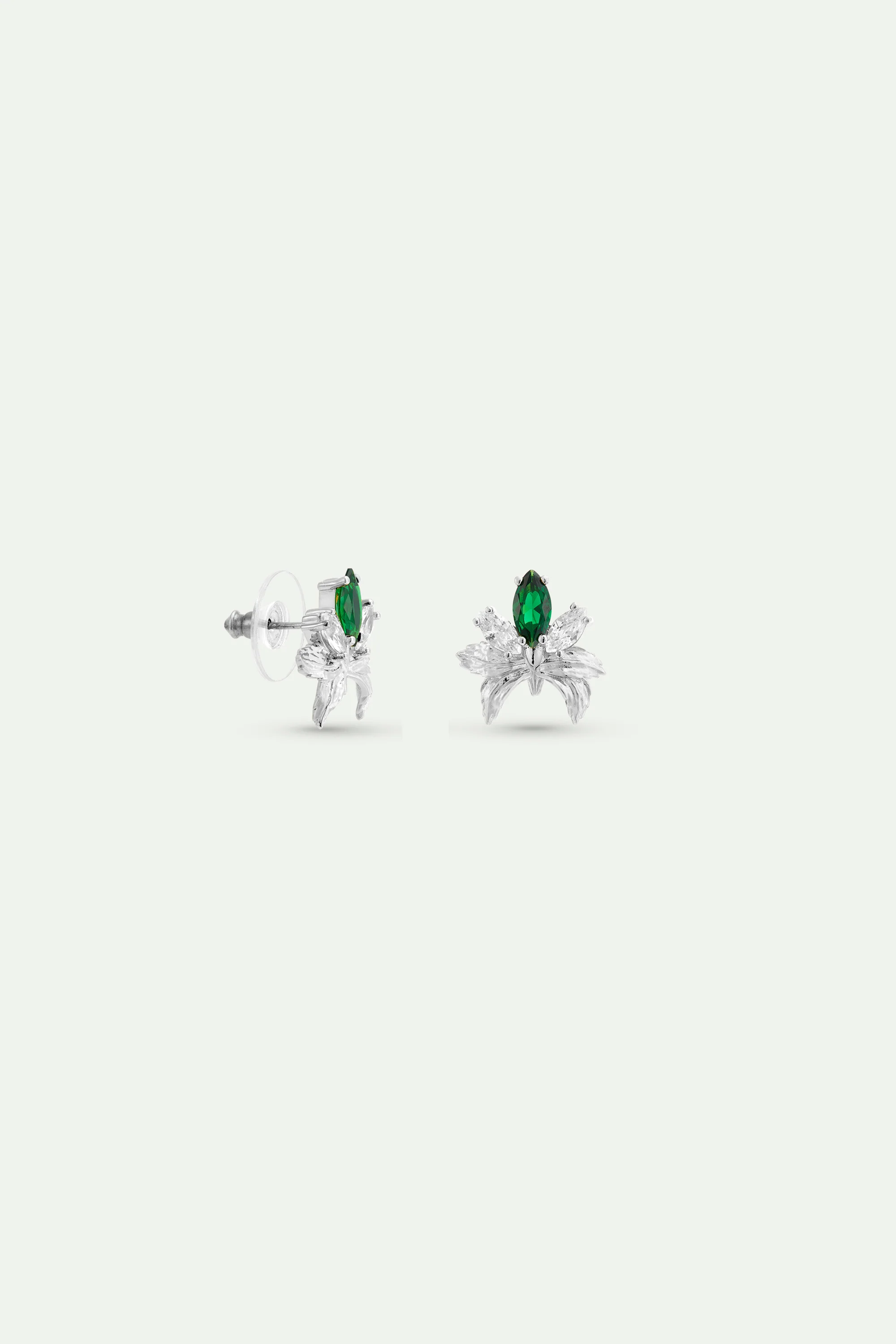 Boucles d'oreilles argentées orchidée et pierres blanches et verte - Image 2