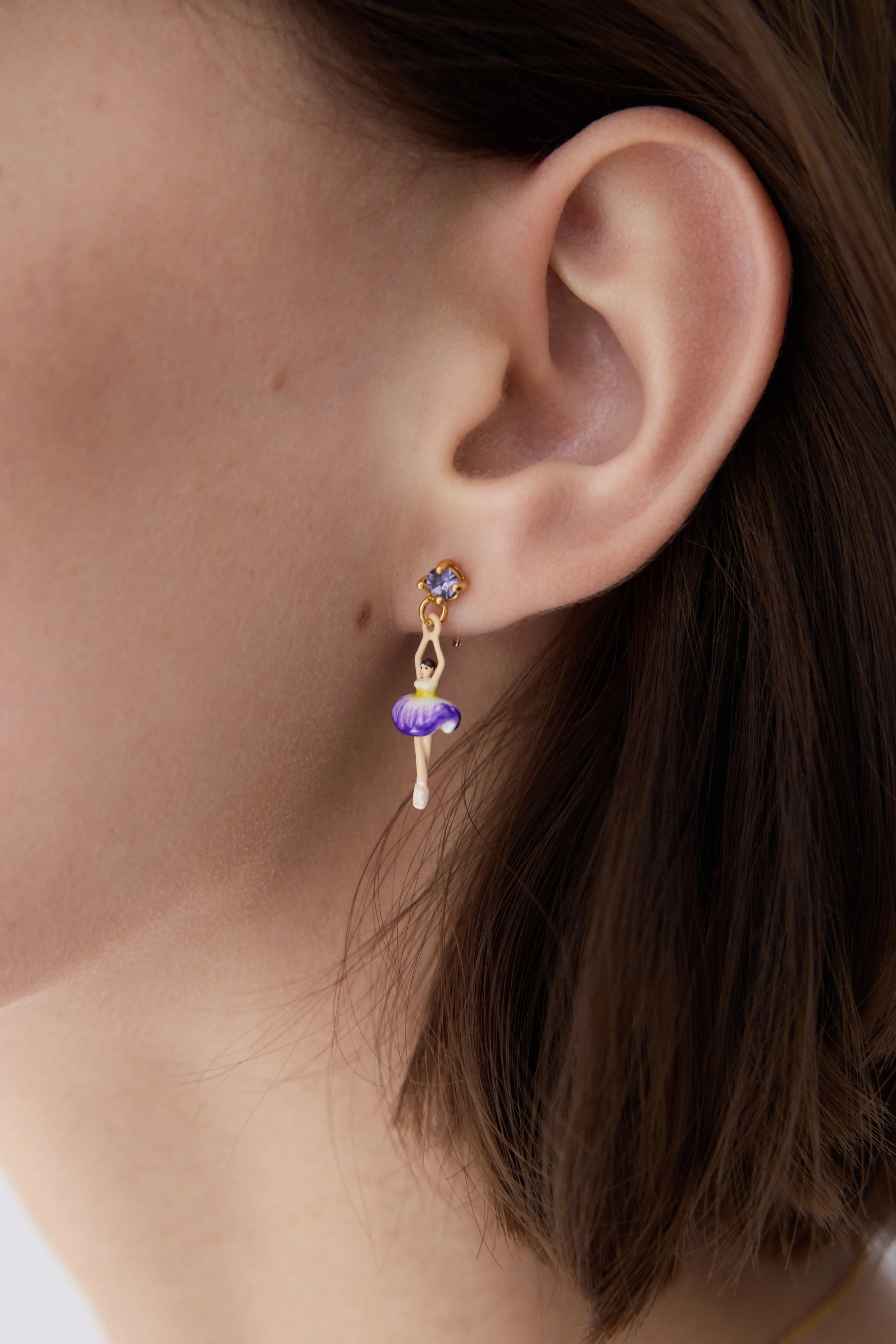 Boucles d'oreilles ballerine tutu violet et jaune et cristal violet - Image 2
