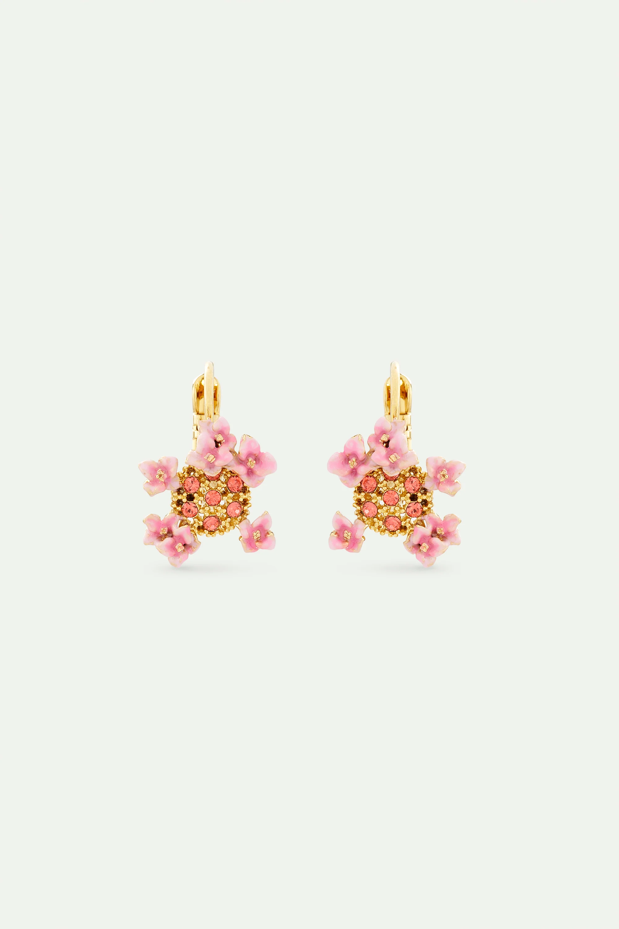 Boucles d'oreilles dormeuses cristaux roses et dorés, fleurs d'hortensia