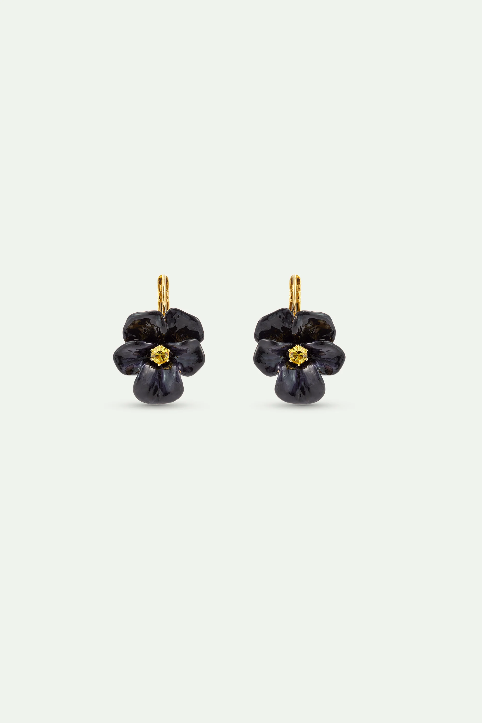 Boucles d'oreilles dormeuses pensée noire et cristal taillé
