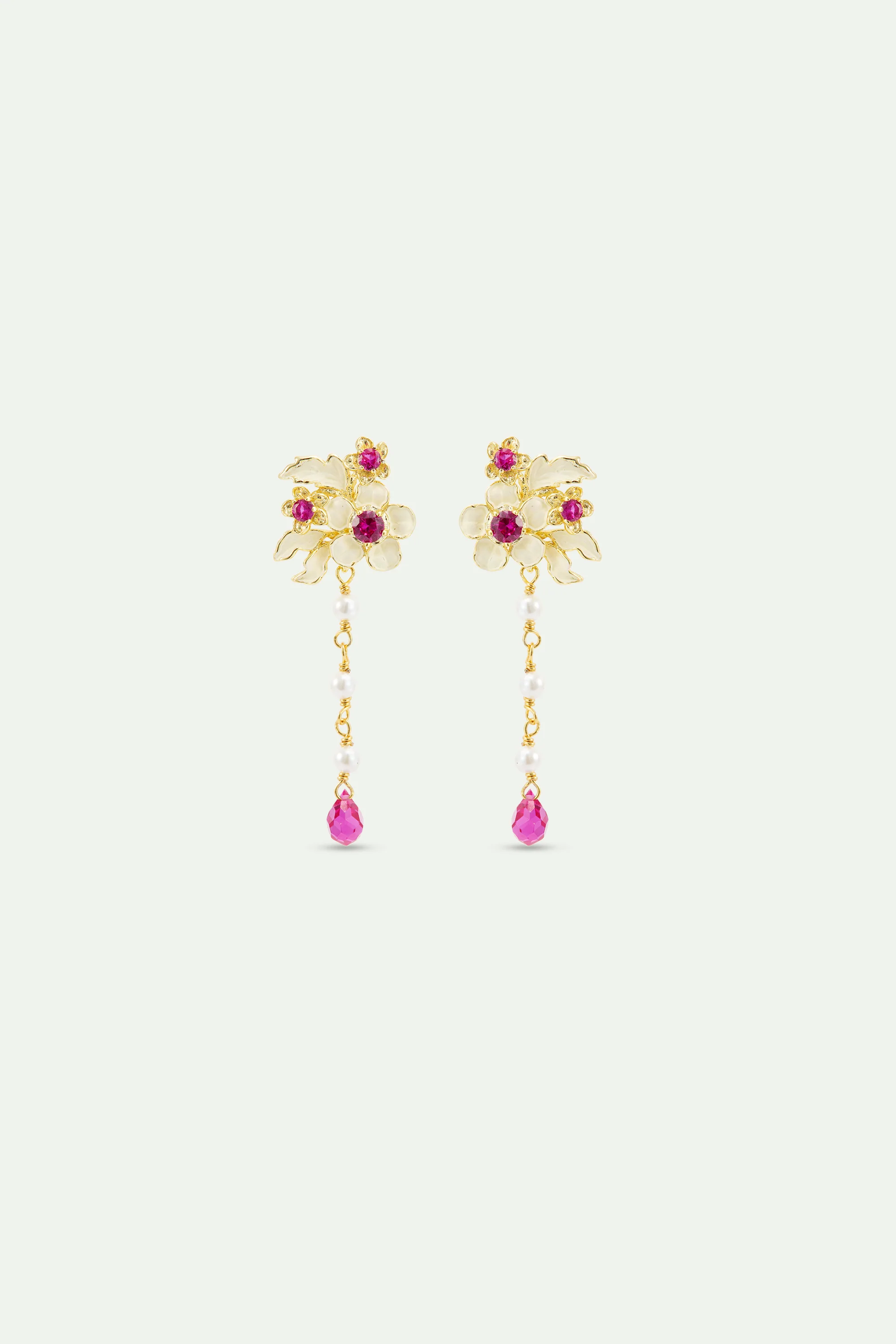 Boucles d'oreilles pendantes anémones dorées, cristaux roses et perles de culture - Image 3