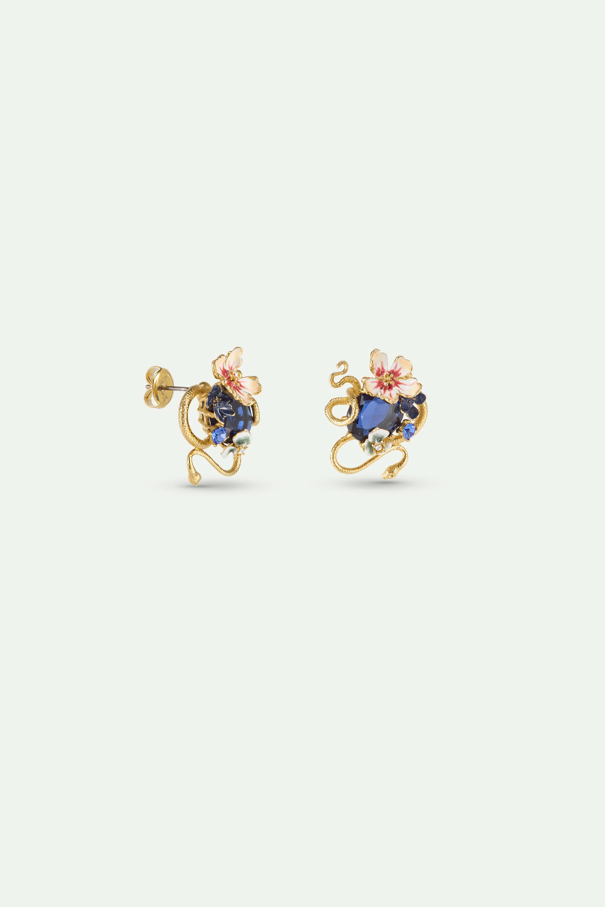 Boucles d'oreilles pierre facettée bleue, serpent doré et fleurs de Mauve - Image 3