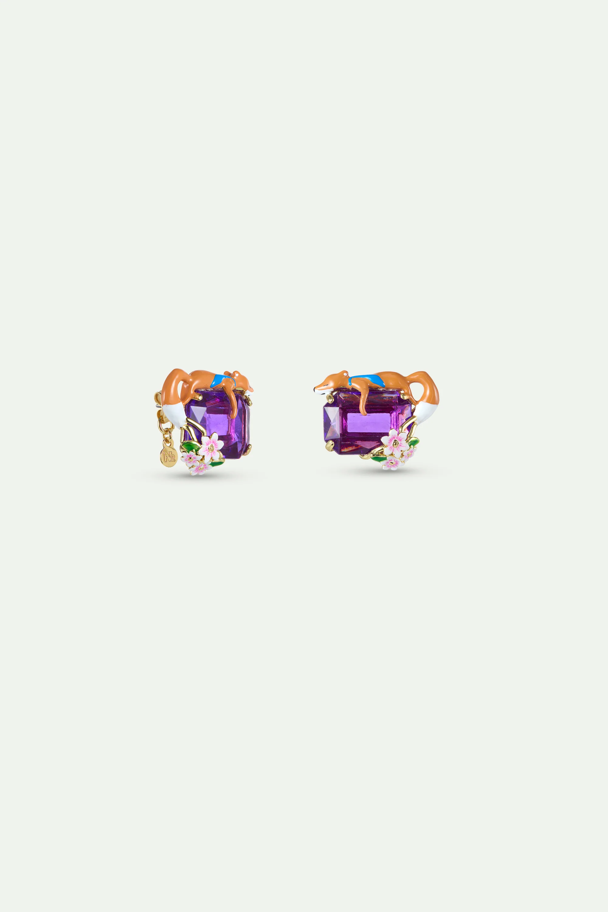 Boucles d'oreilles pierre rectangulaire violette, Renard et fleurs - Image 2