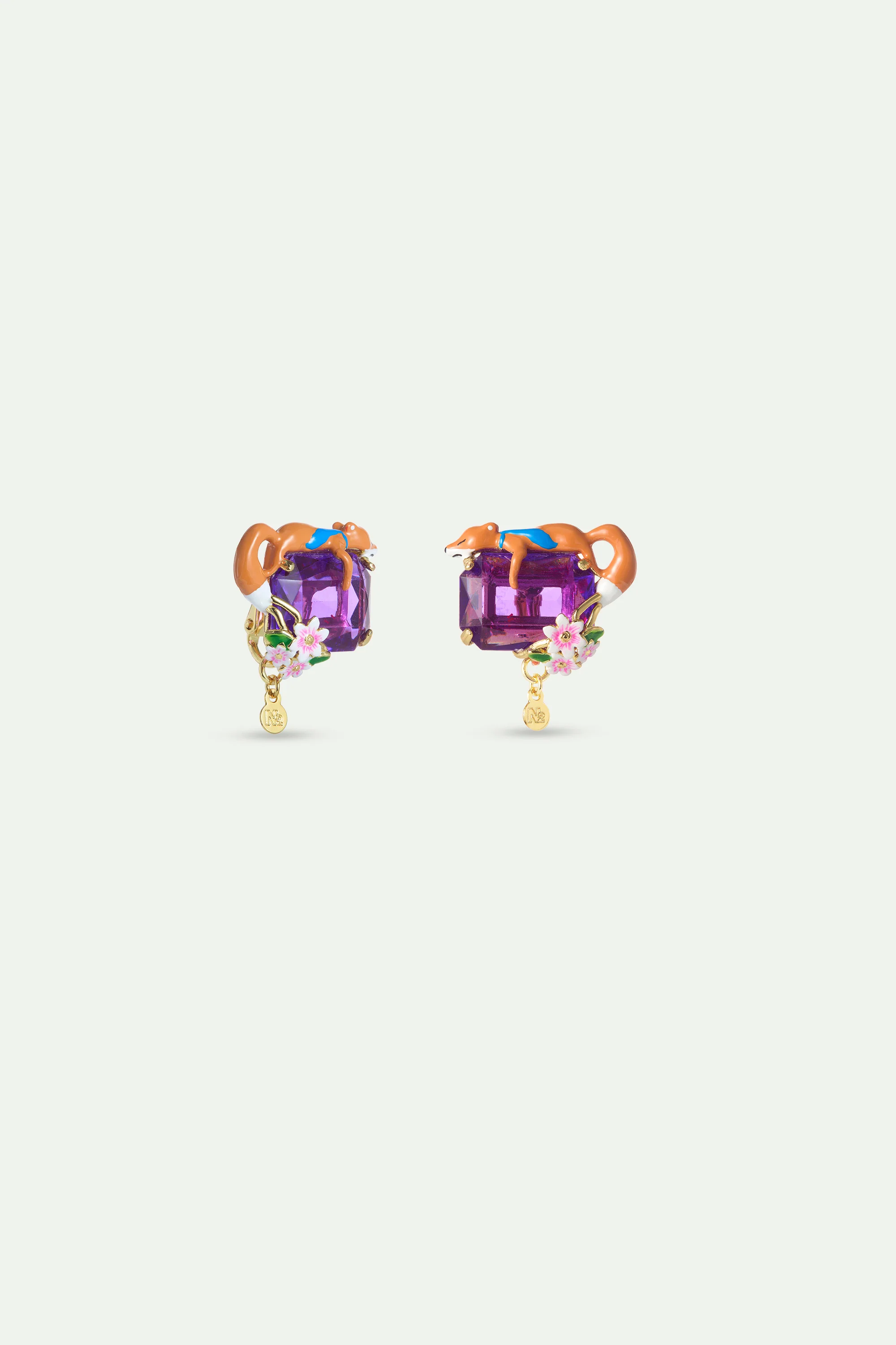 Boucles d'oreilles pierre rectangulaire violette, Renard et fleurs - Image 3