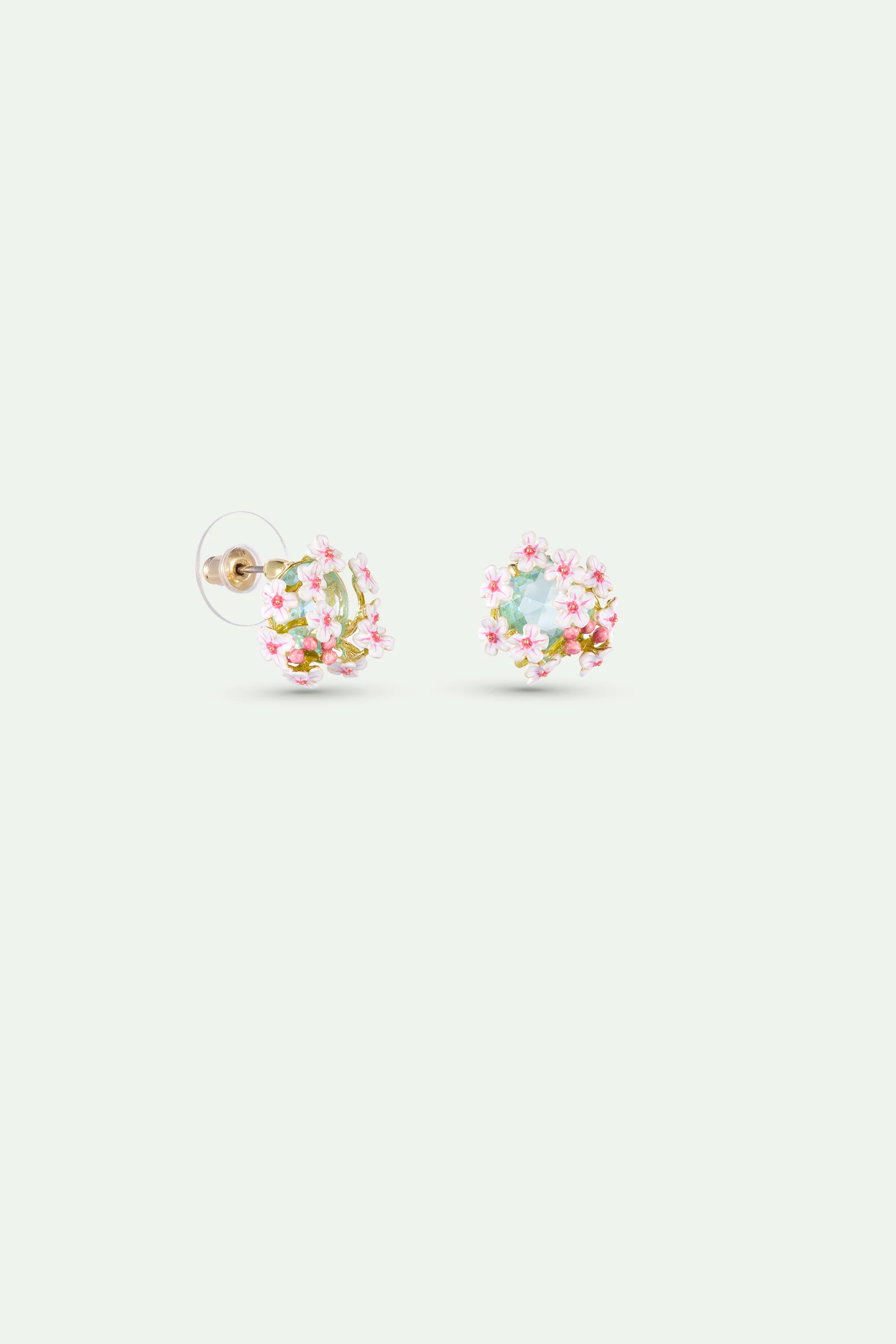 Boucles d'oreilles pierre ronde facettée bleue et aubépines blanches et roses - Image 3