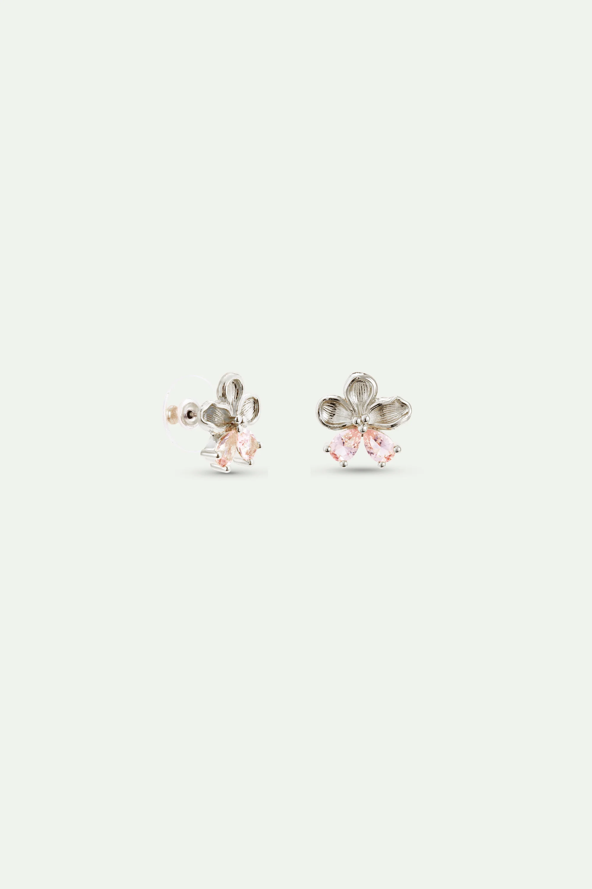 Boucles d'oreilles tiges argentées fleur de cerisier et pierres roses - Image 3