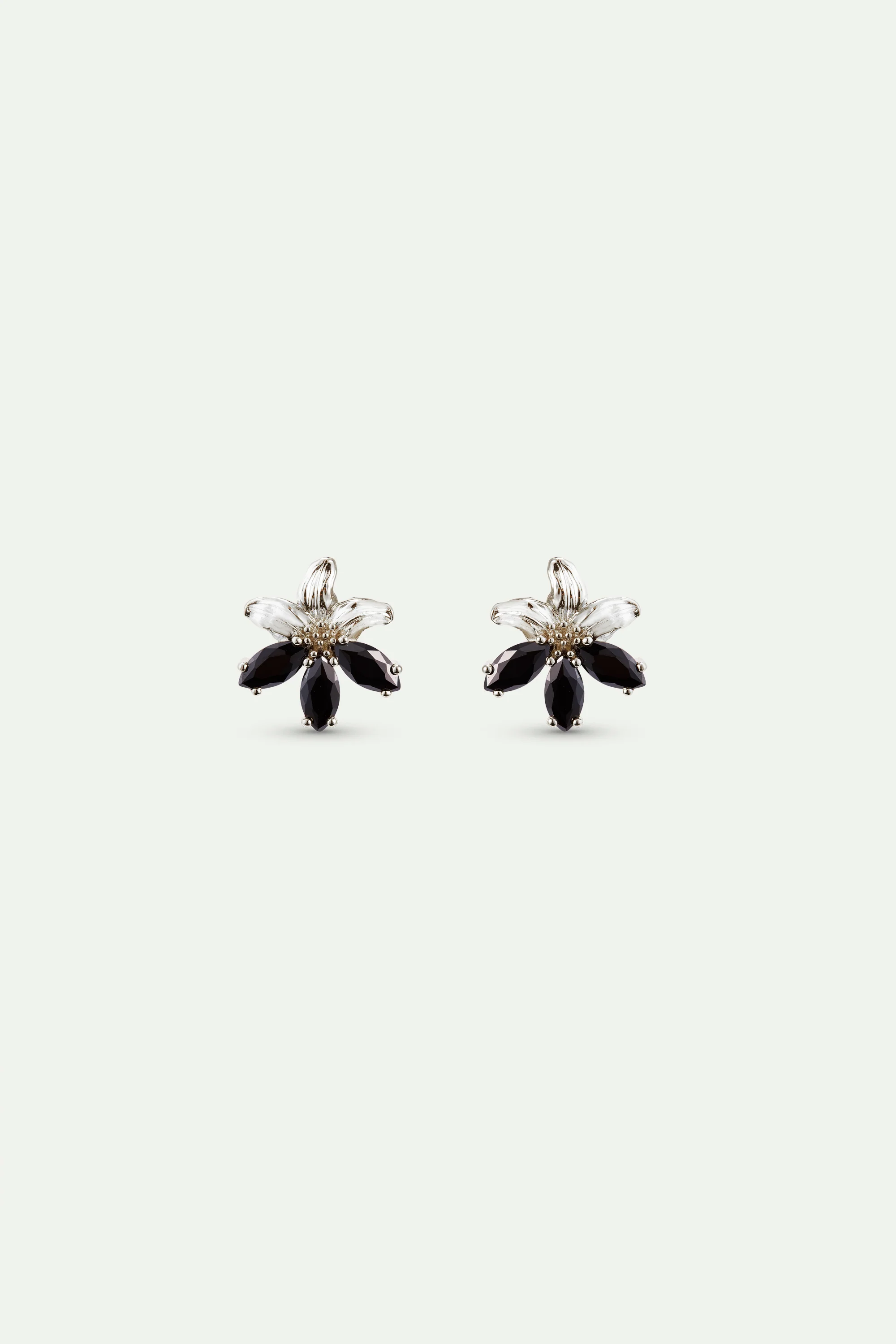 Boucles d'oreilles tiges argentées lys et pierres noire