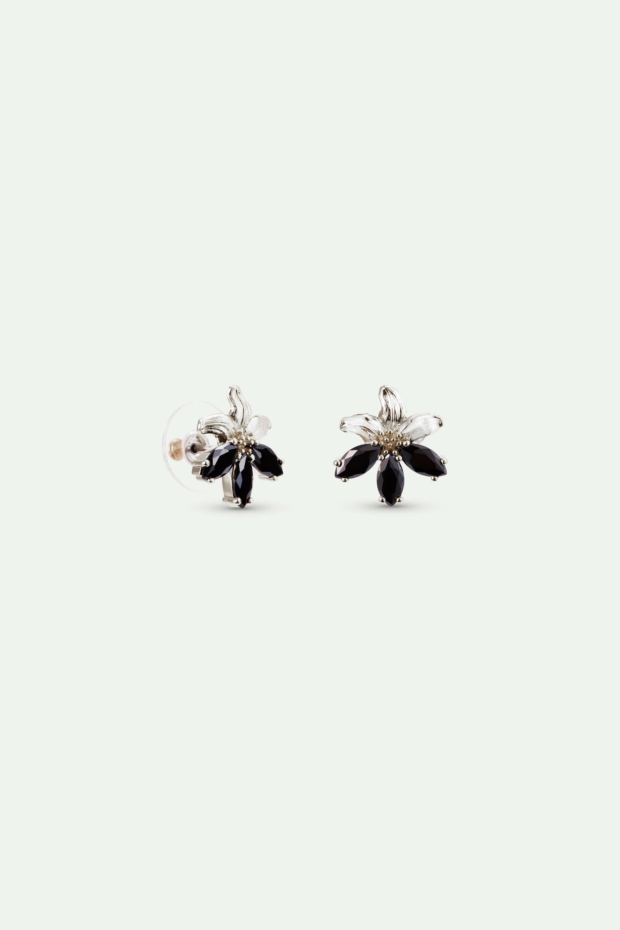Boucles d'oreilles tiges argentées lys et pierres noire - Image 2
