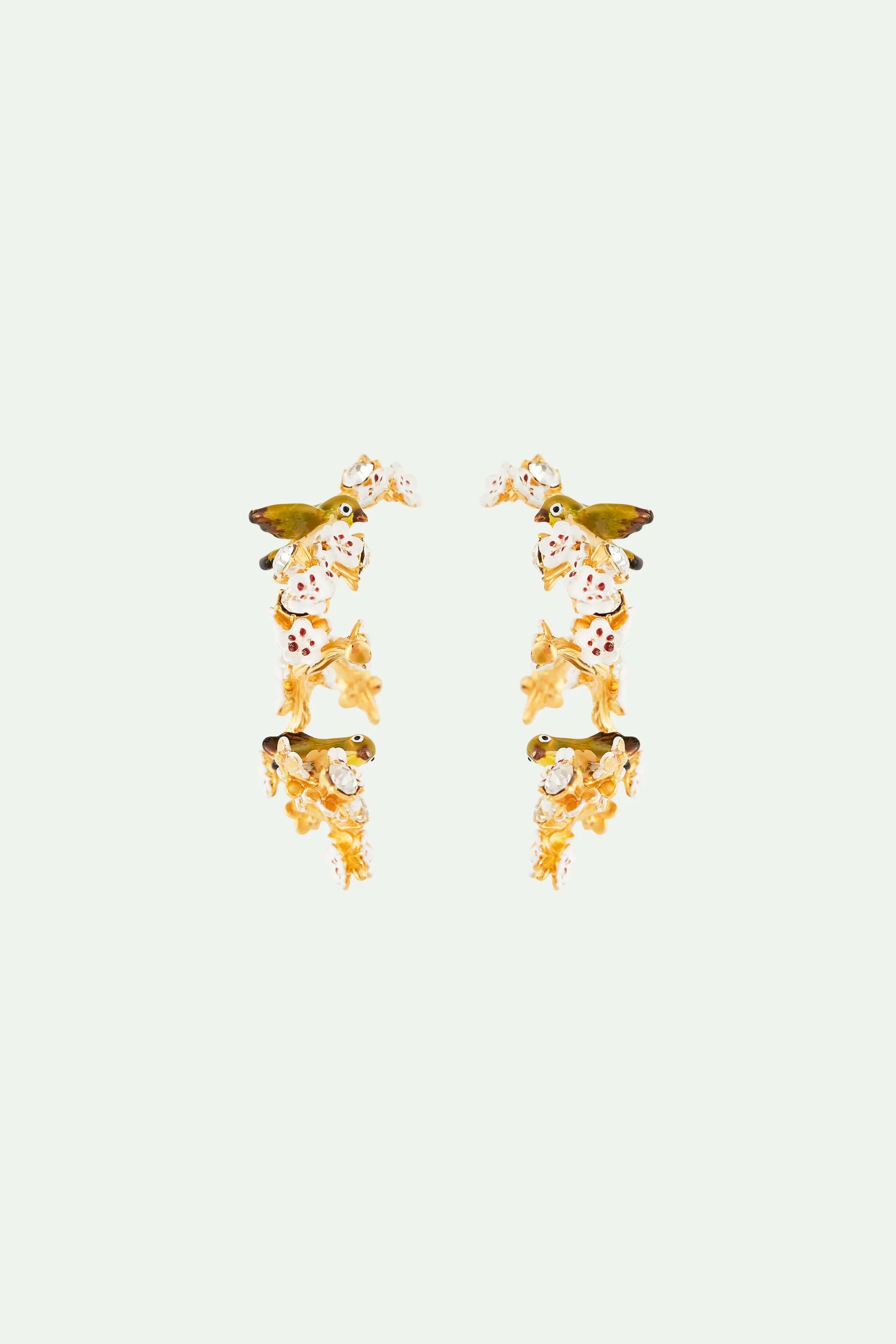 Boucles d'oreilles tiges branche de cerisier, oiseaux et cristaux