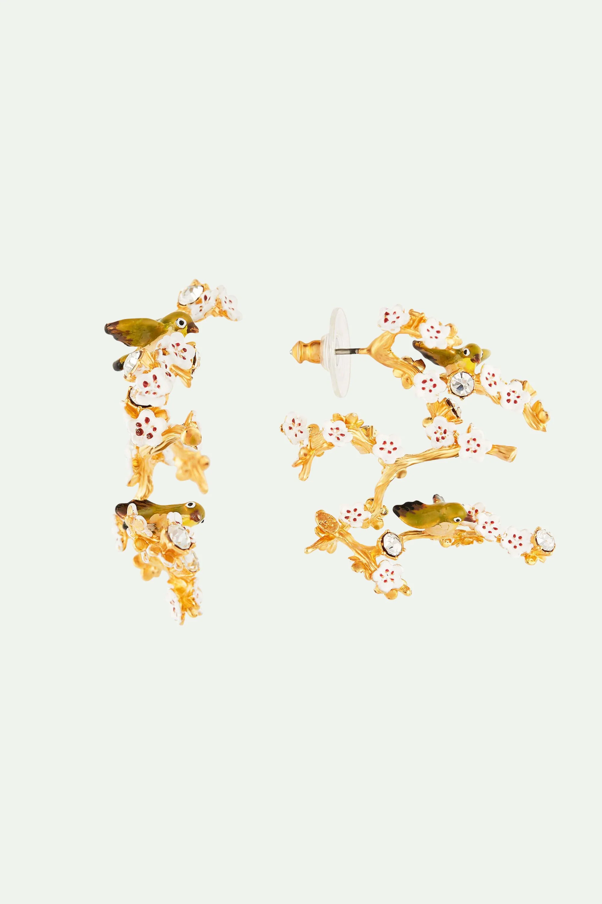 Boucles d'oreilles tiges branche de cerisier, oiseaux et cristaux - Image 3