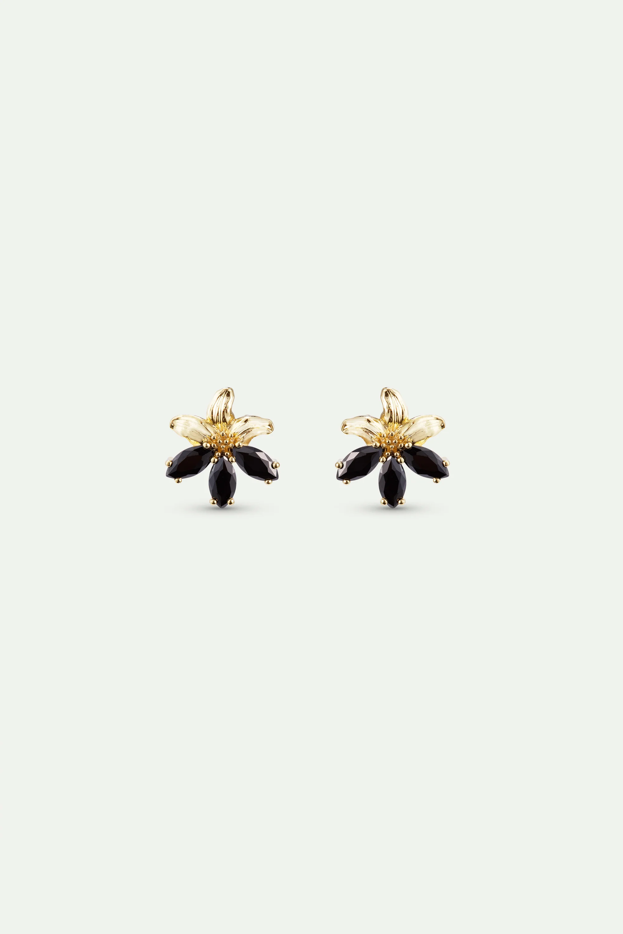 Boucles d'oreilles tiges dorées lys et pierres noires