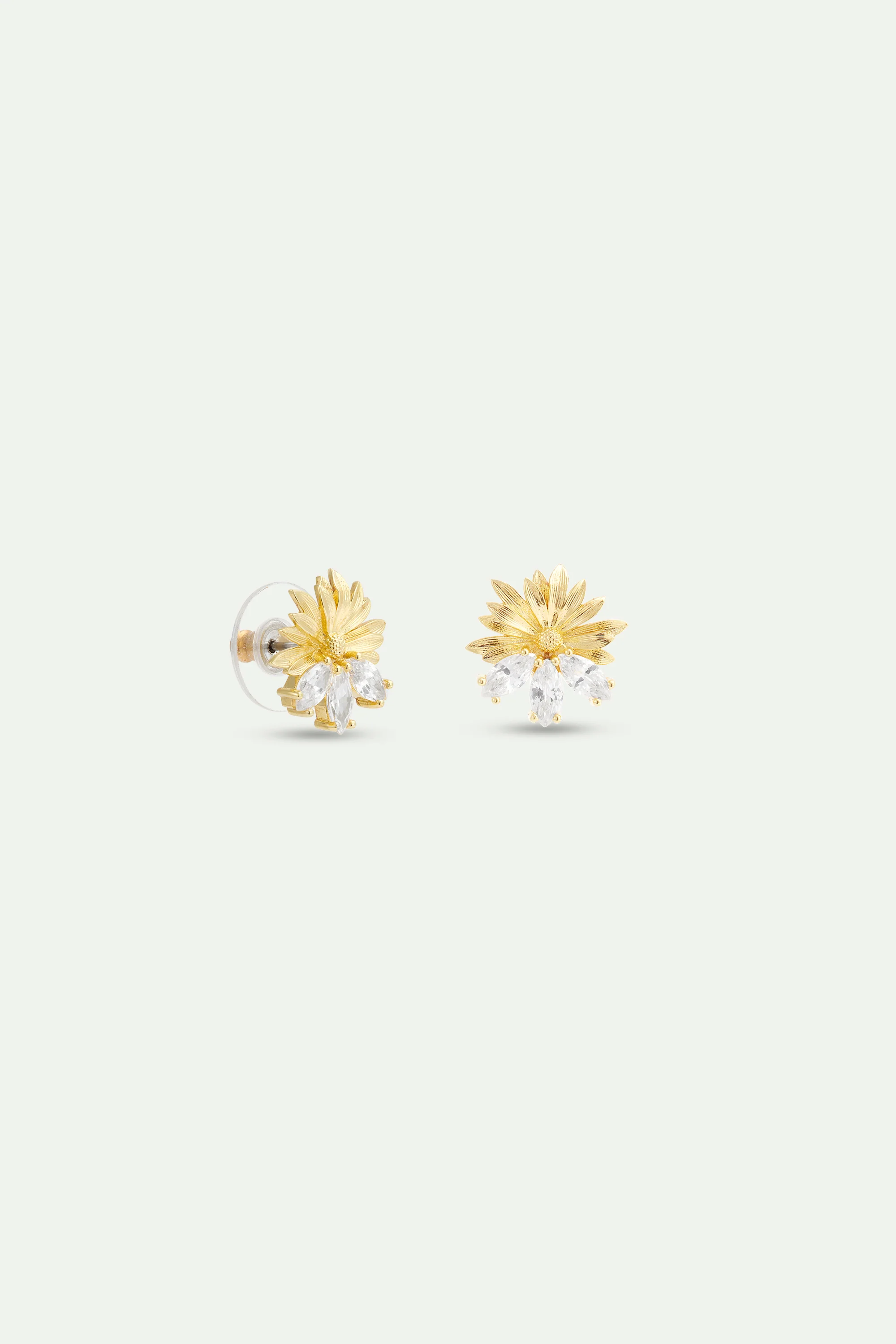 Boucles d'oreilles tiges dorées marguerite et pierres blanches - Image 2