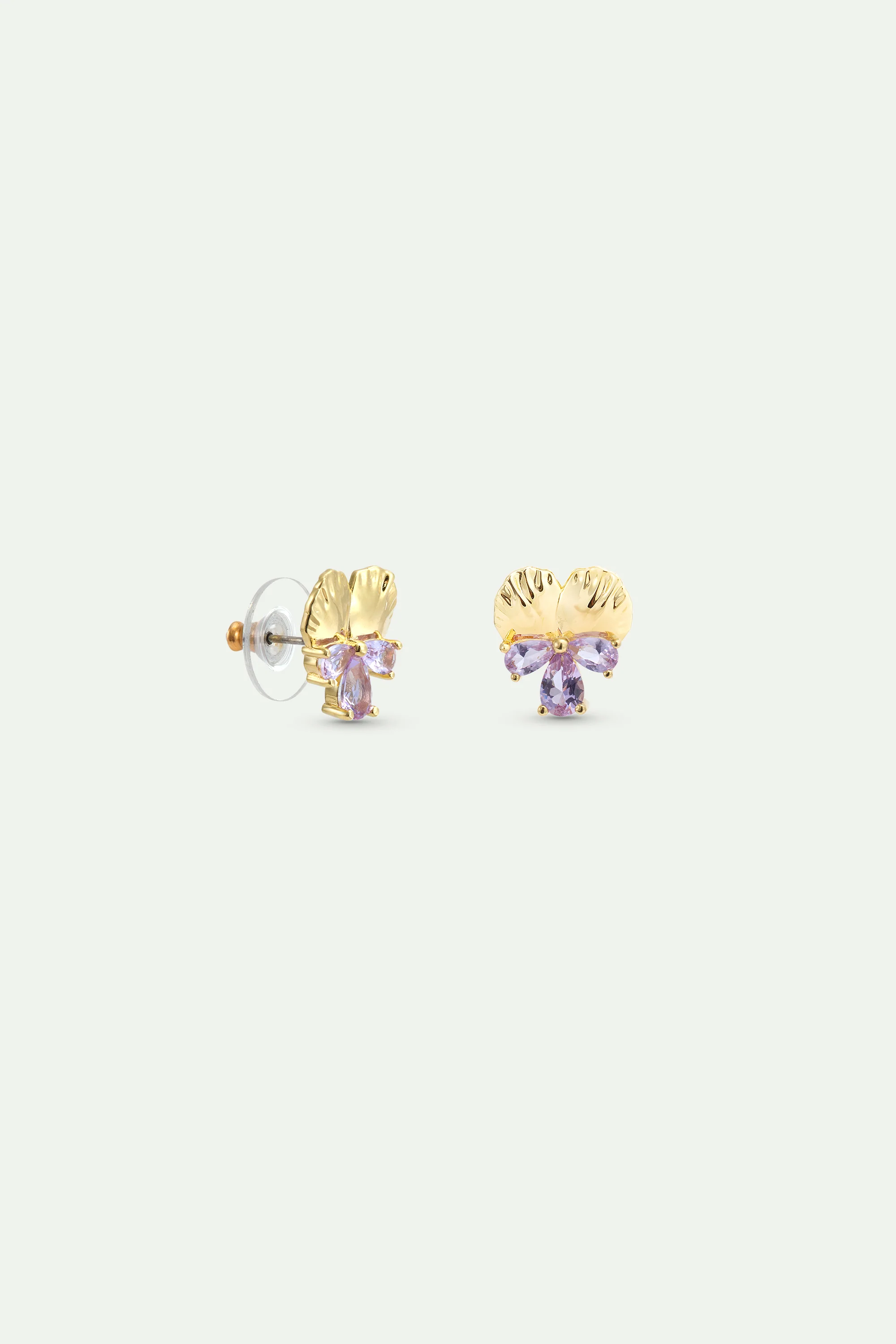 Boucles d'oreilles tiges dorées pensée et pierres roses - Image 2