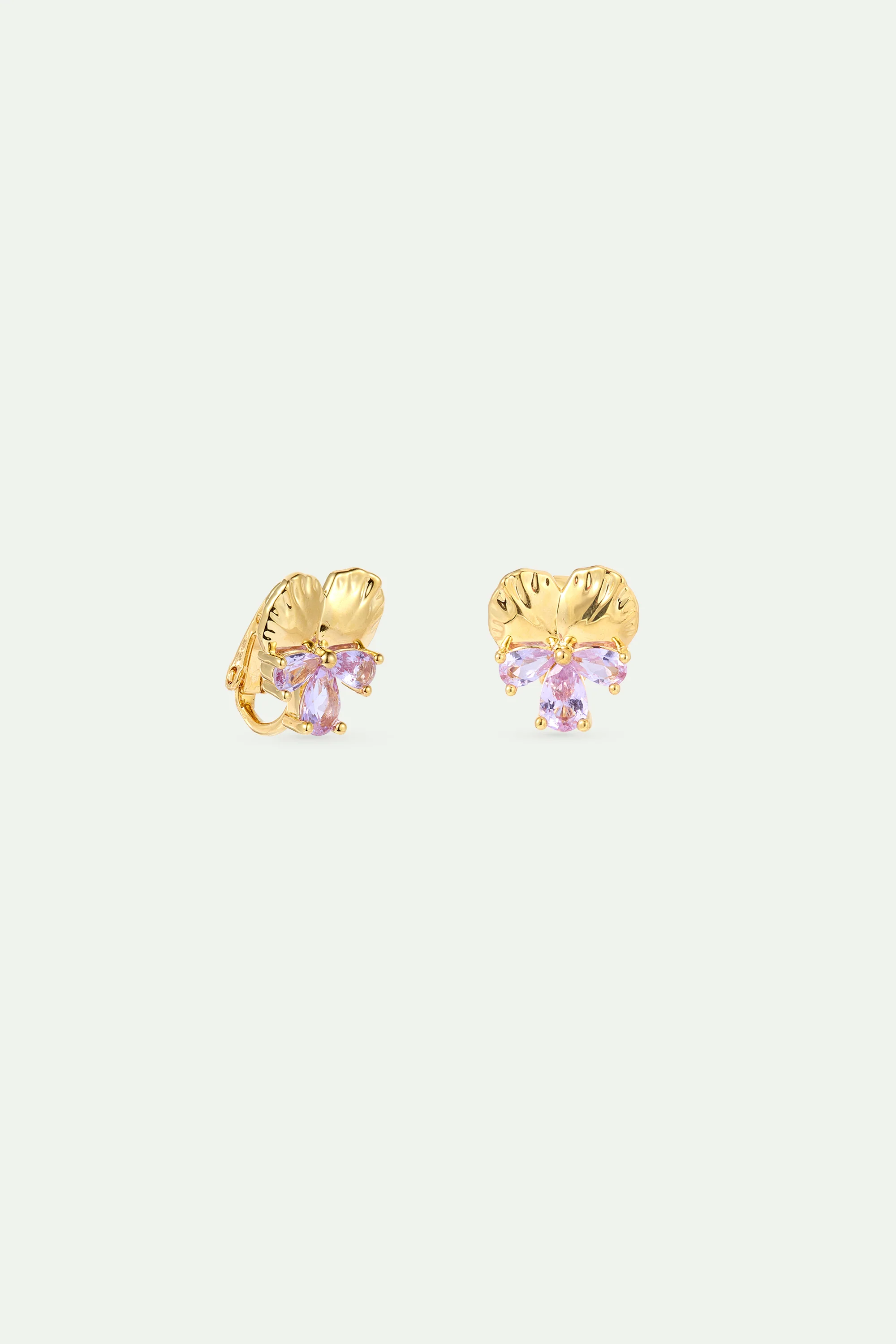 Boucles d'oreilles tiges dorées pensée et pierres roses - Image 3
