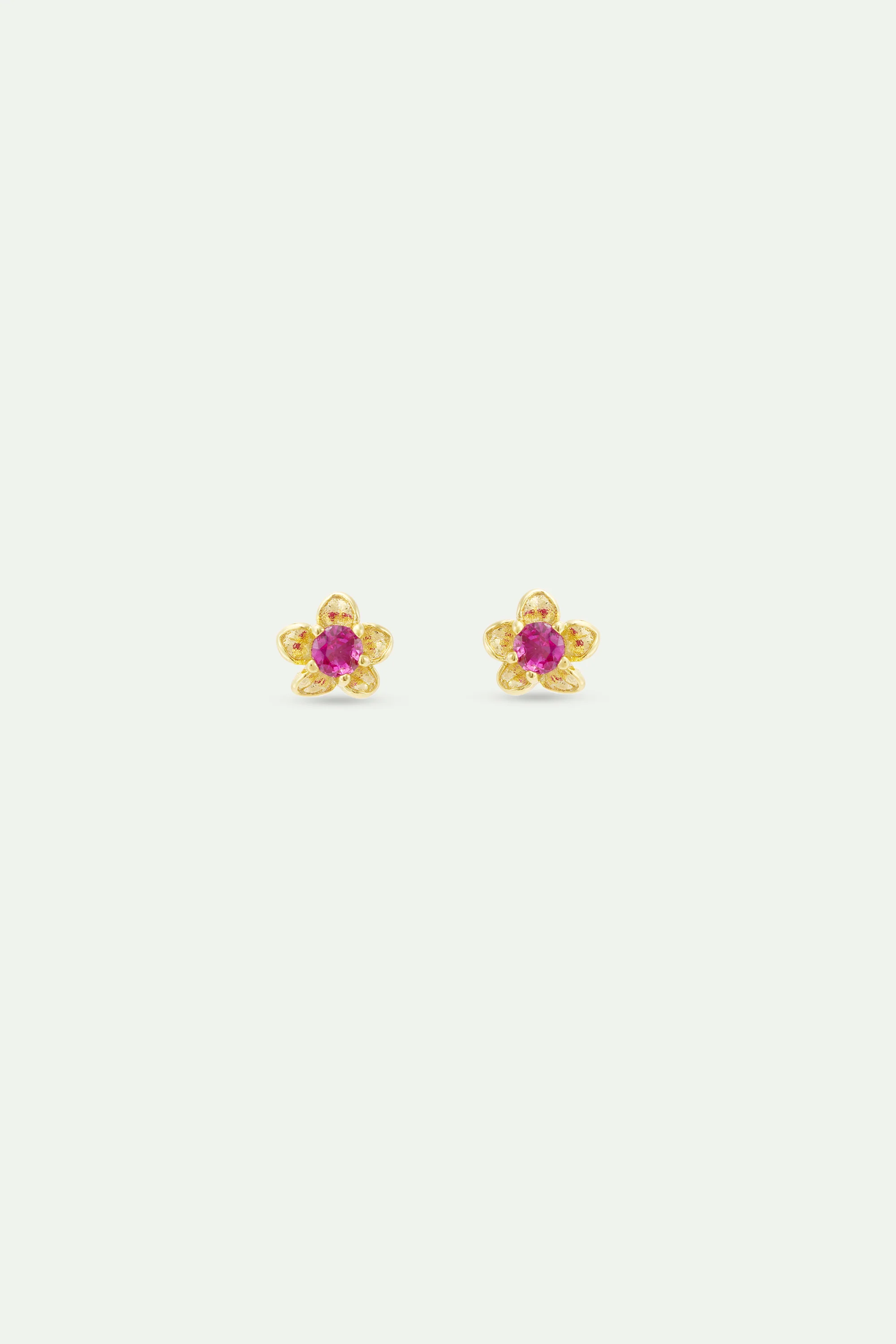 Boucles d'oreilles tiges petite anémone dorée et cristal rose