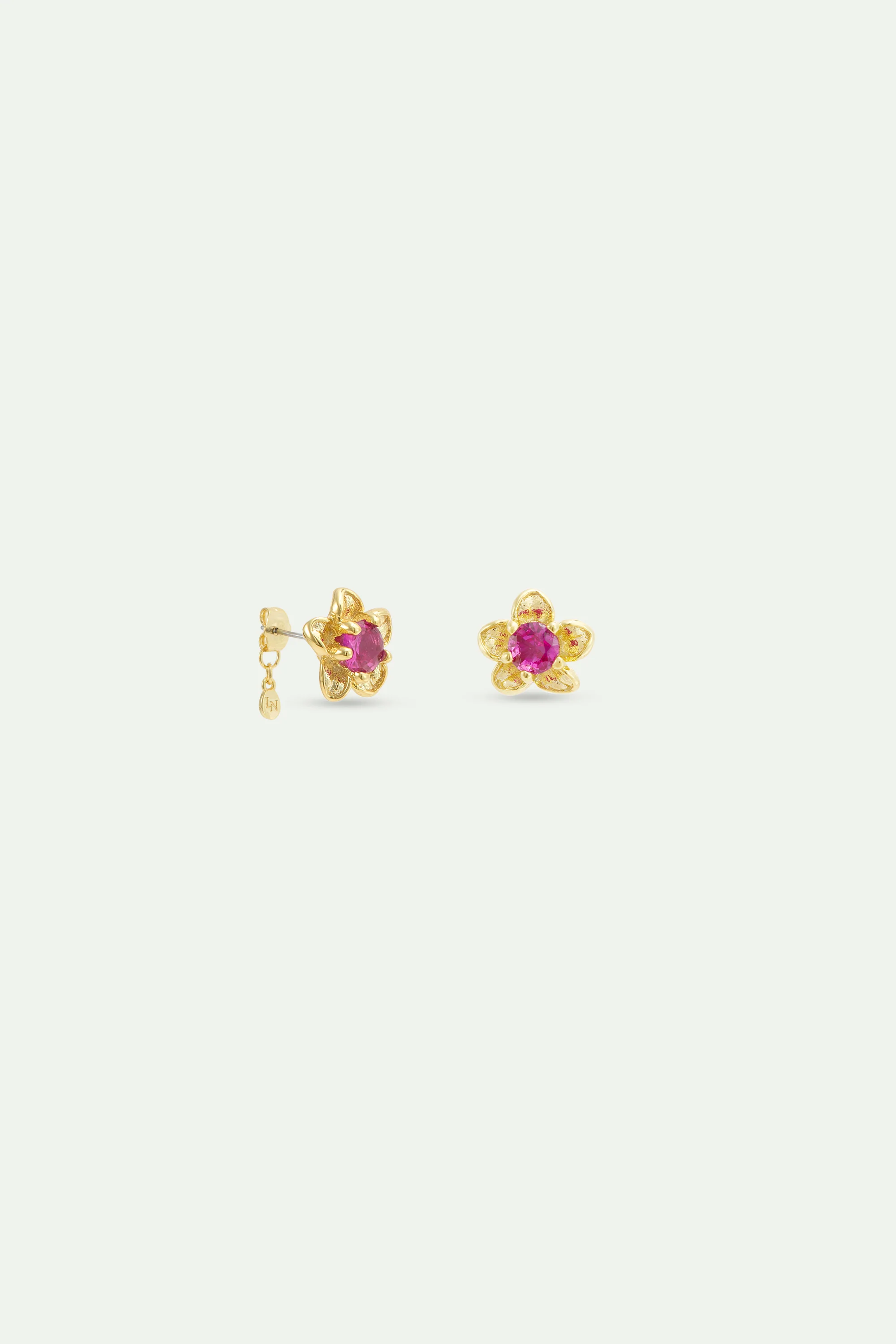 Boucles d'oreilles tiges petite anémone dorée et cristal rose - Image 2