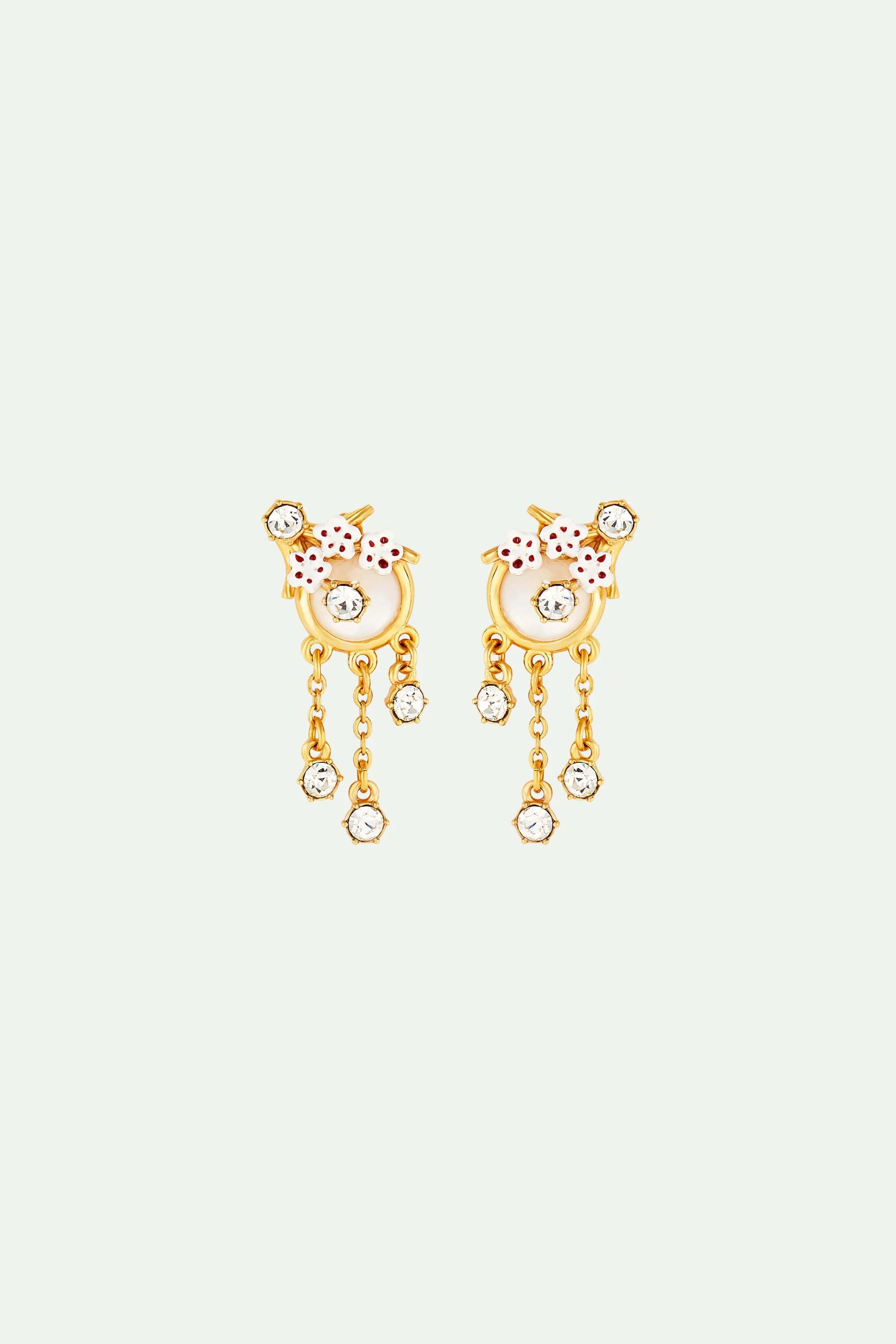 Boucles d'oreilles tiges pierre ronde blanche, fleurs de cerisier et cristaux