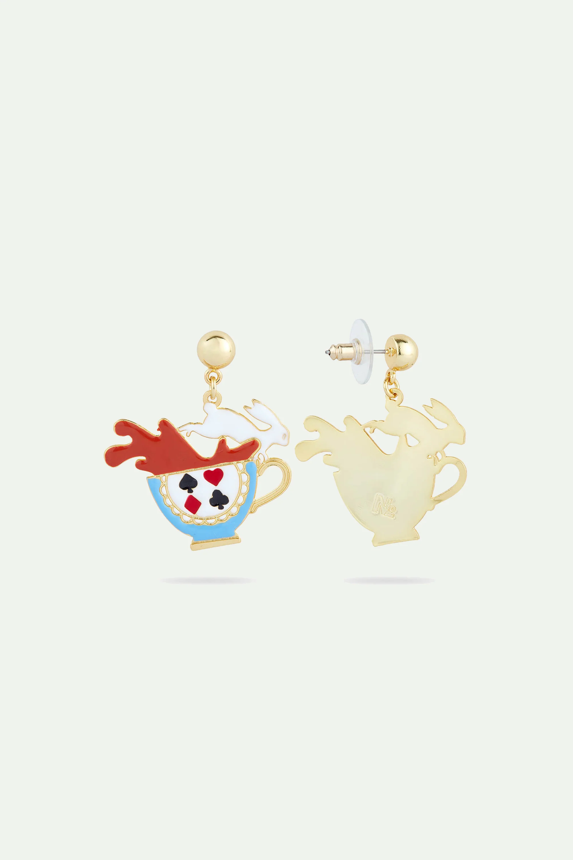 Boucles d'oreilles tiges tasse de thé et lapin blanc - Image 2