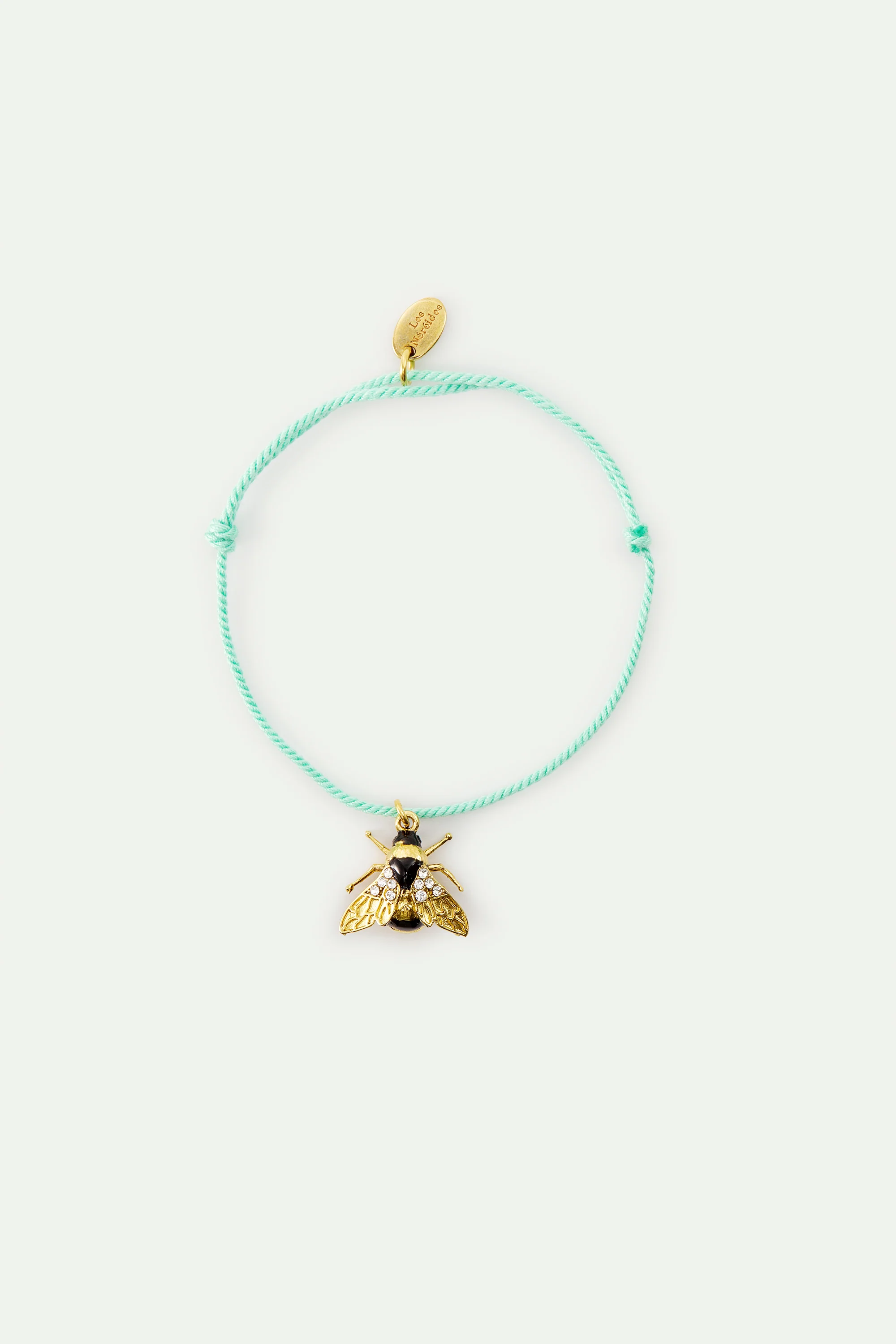 Bracelet corde bleue abeille dorée et cristaux