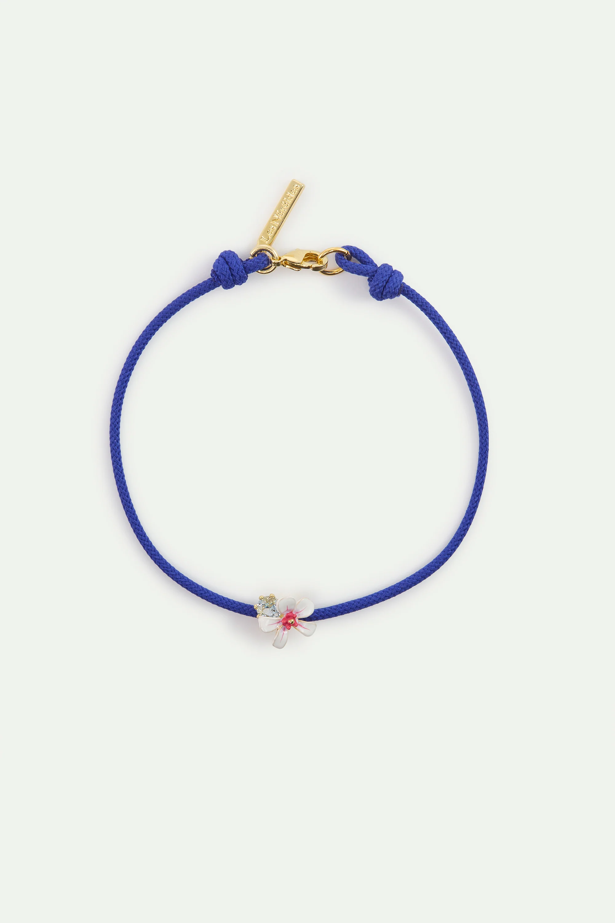 Bracelet cordon aubépine blanche et rose et cristal bleu