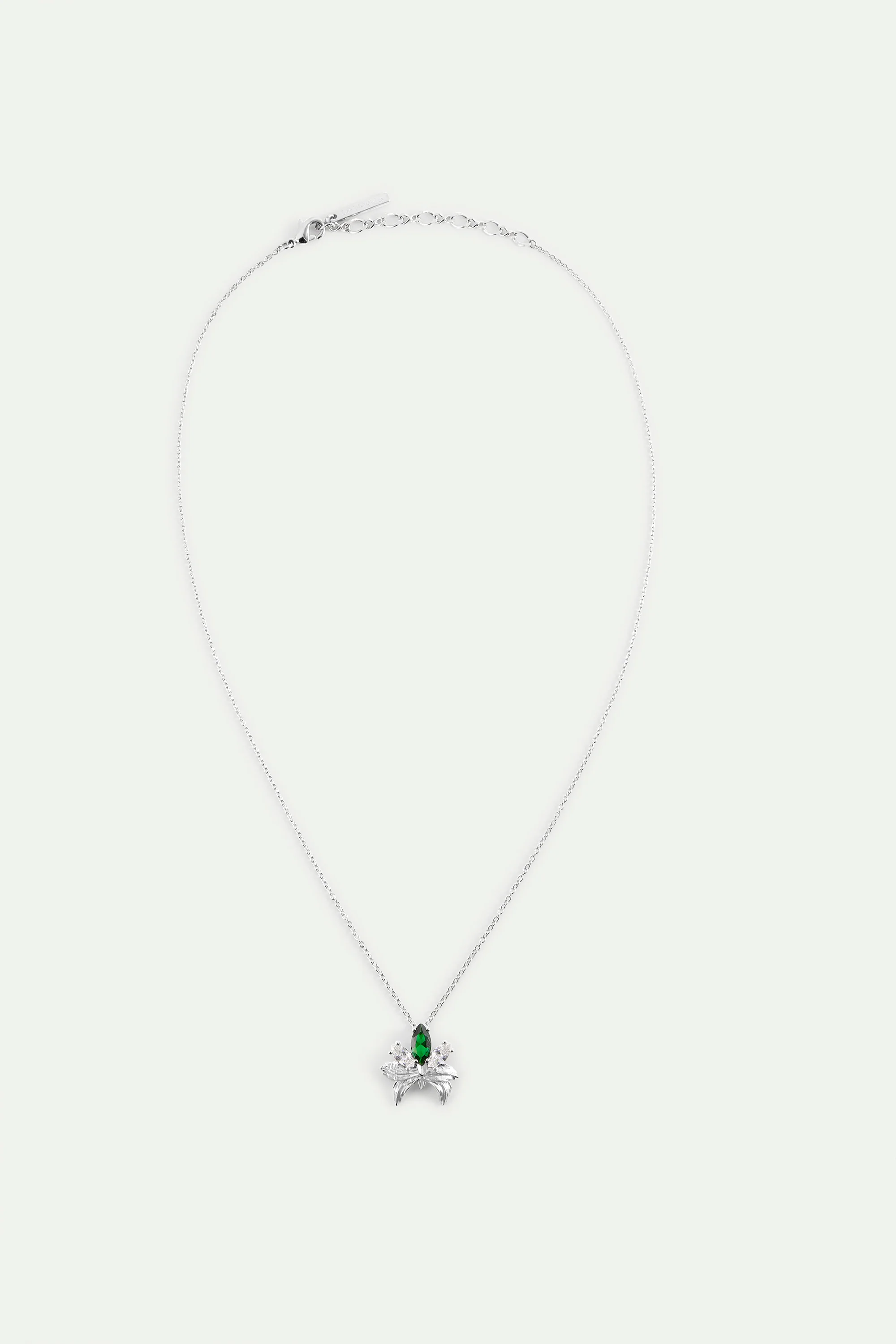 Collier pendentif argenté orchidée et pierres blanches et verte - Image 3