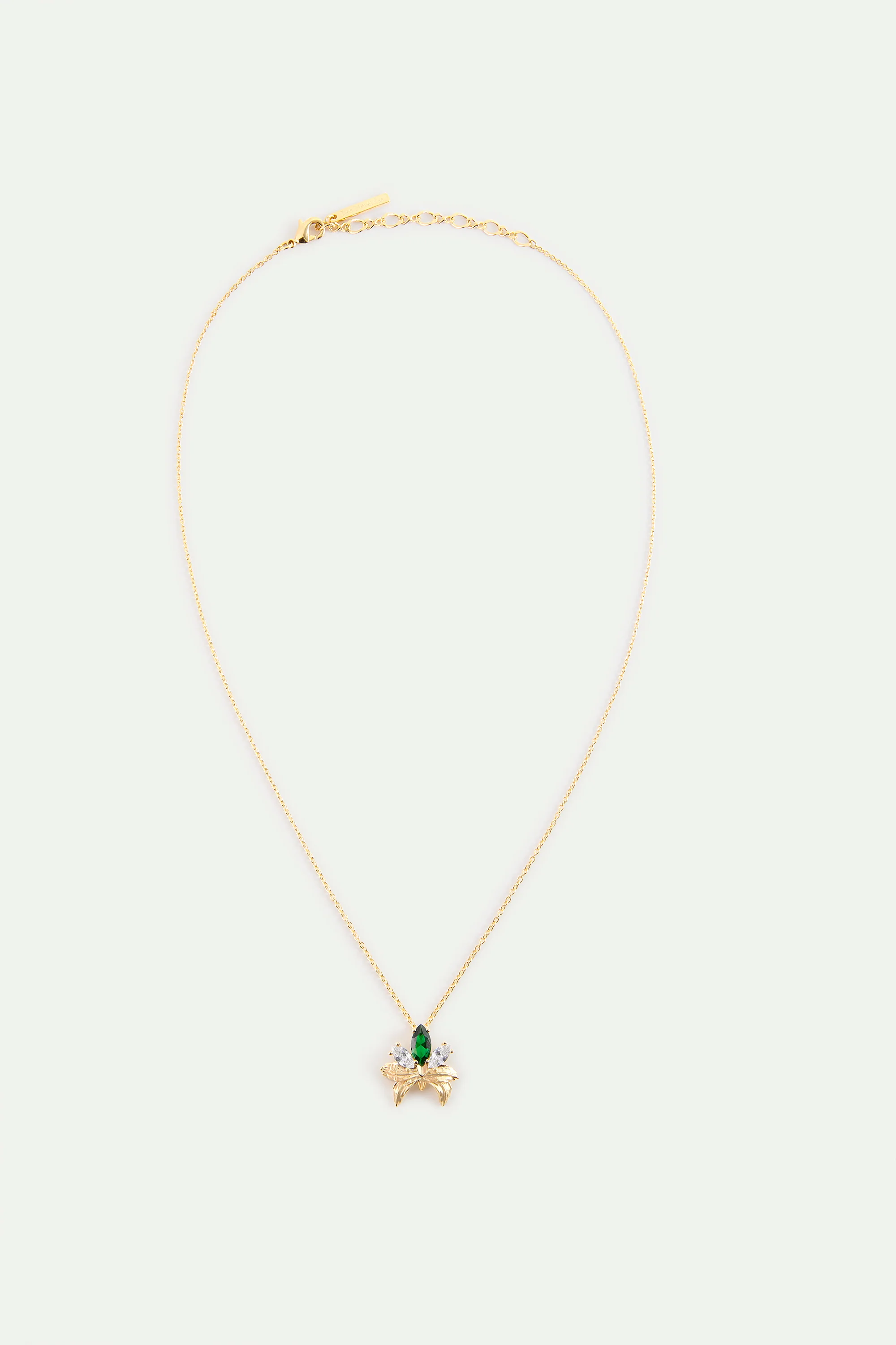 Collier pendentif doré orchidée et pierres blanches et verte - Image 3
