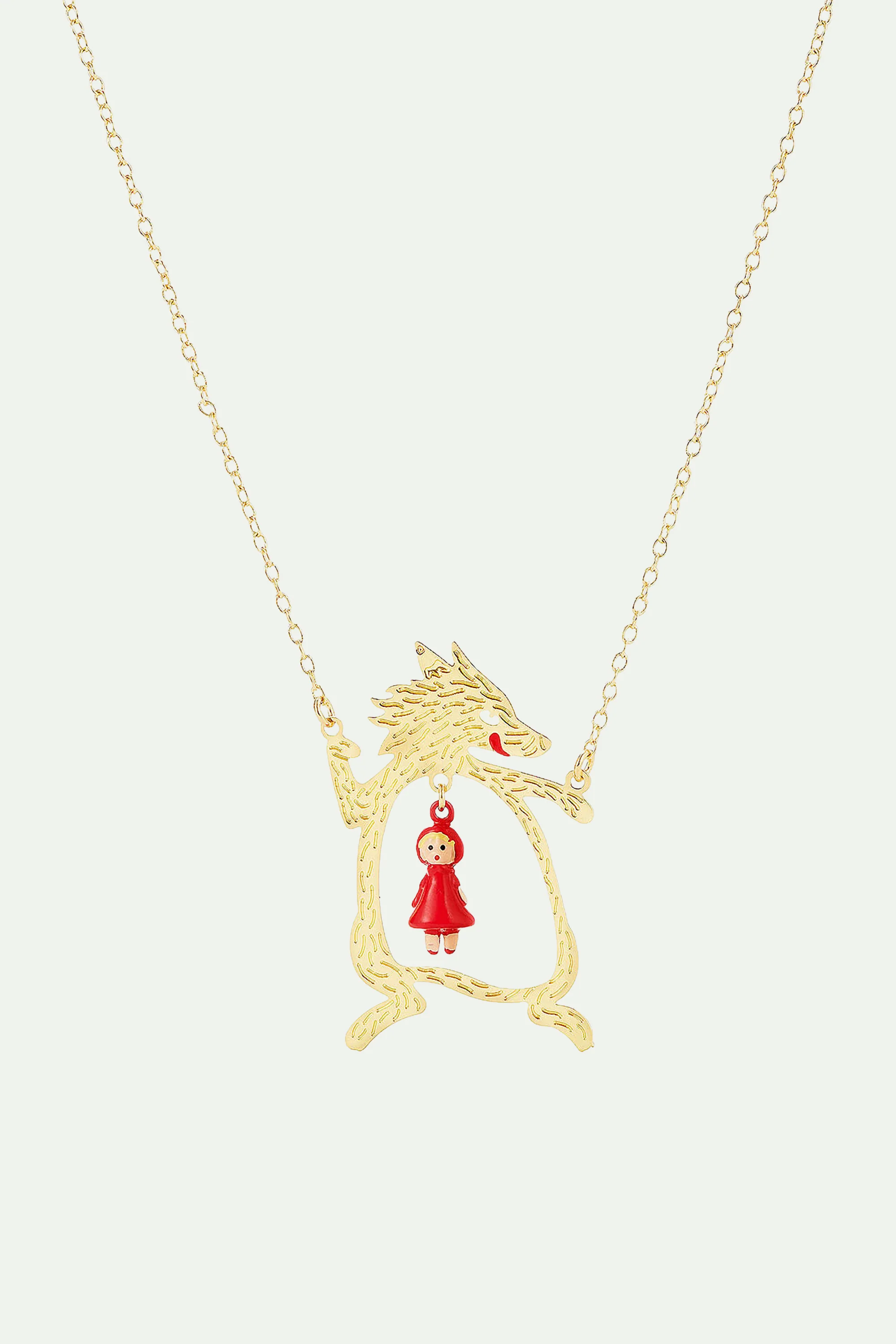 Collier pendentif le grand méchant loup doré et le petit chaperon rouge