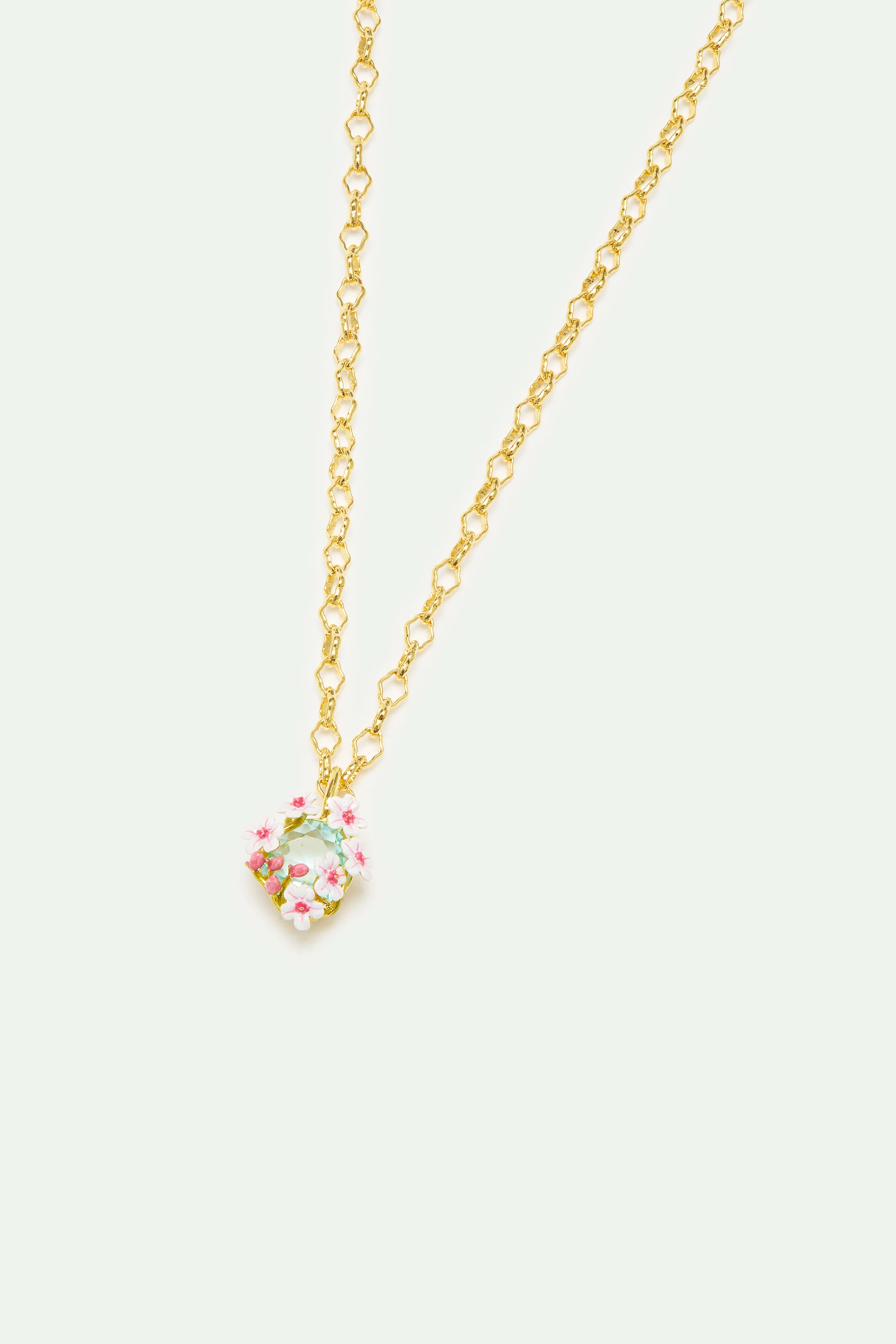 Collier pendentif pierre ronde facettée bleue et aubépines blanches et roses - Image 3