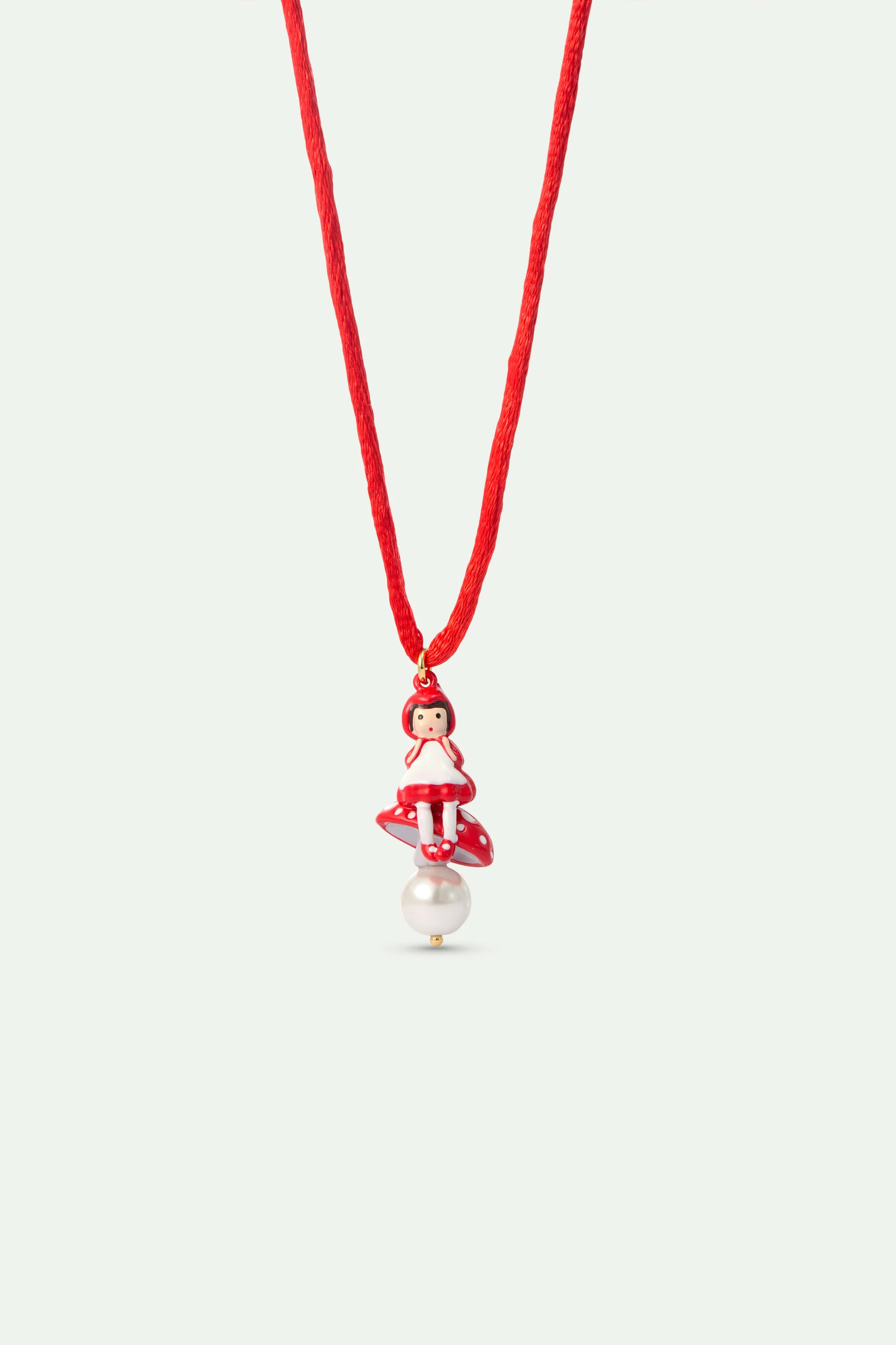 Collier pendentif rouge Petit Chaperon Rouge, champignon et perle fantaisie