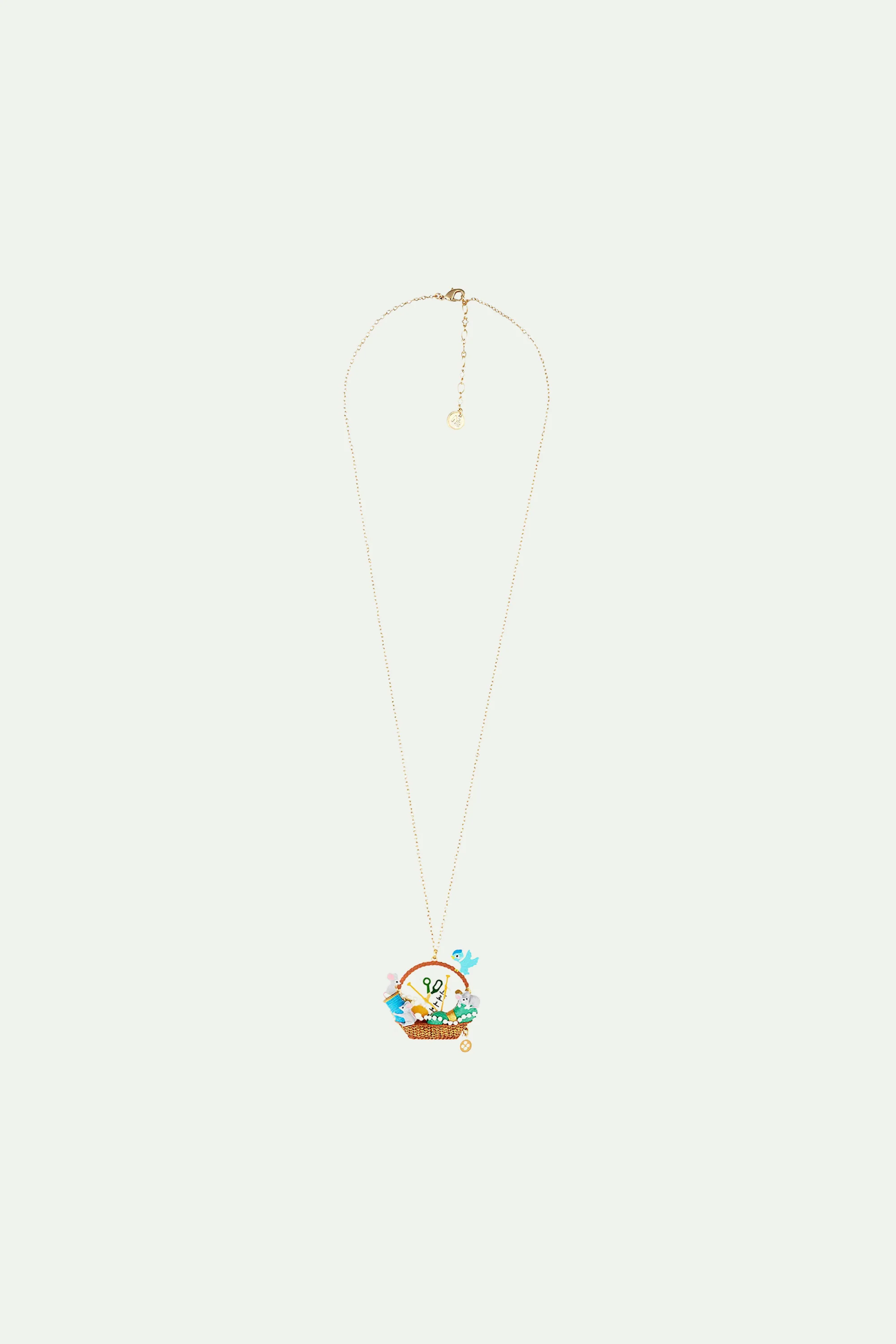 Collier sautoir souris, bobine de fil, ciseau, oiseau, perles - Image 3